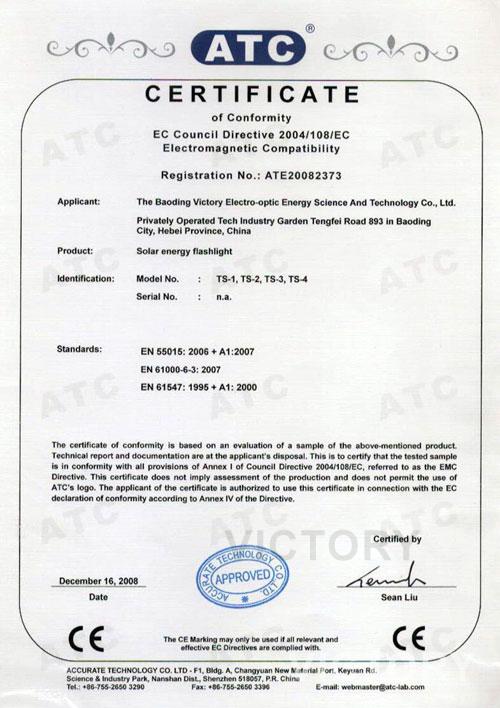 Solar Energy Flashlight CE Certificate