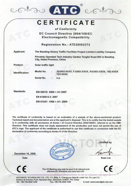 Solar Traffic Light CE Certificate